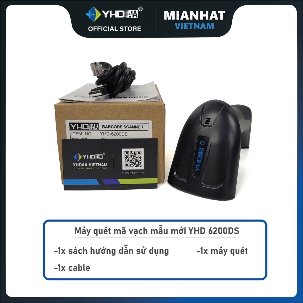 Máy quét mã vạch siêu nhạy YHD 6200DS đọc mã vạch Barcode 1D Qrcode 2D kích thước nhỏ dùng dây trực tiếp trên Máy tính