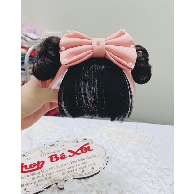 Turban tóc giả cho bé nơ kèm tóc mái - cotton mềm- Băng đô tóc giả cho bé