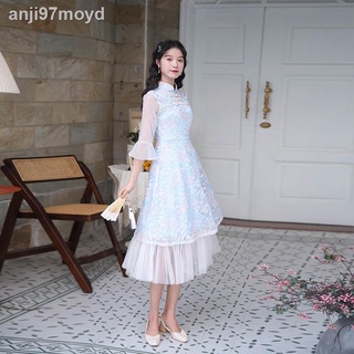 □ [HÀNG MỚI VỀ]✳Phiên bản cải tiến của phong cách Trung Quốc nữ Hanfu sườn xám văn học cổ điển váy dài ba phần tư tay áo