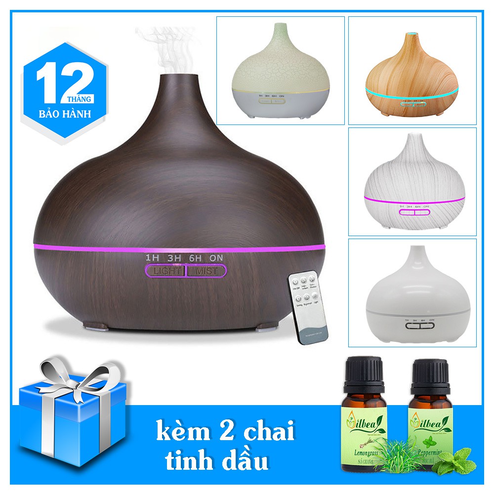 Máy khuếch tán phun sương tinh dầu bí ngô có cuốn 500ml có điều khiển kèm tinh dầu bạc hà 10ml và tinh dầu sả chanh 10ml