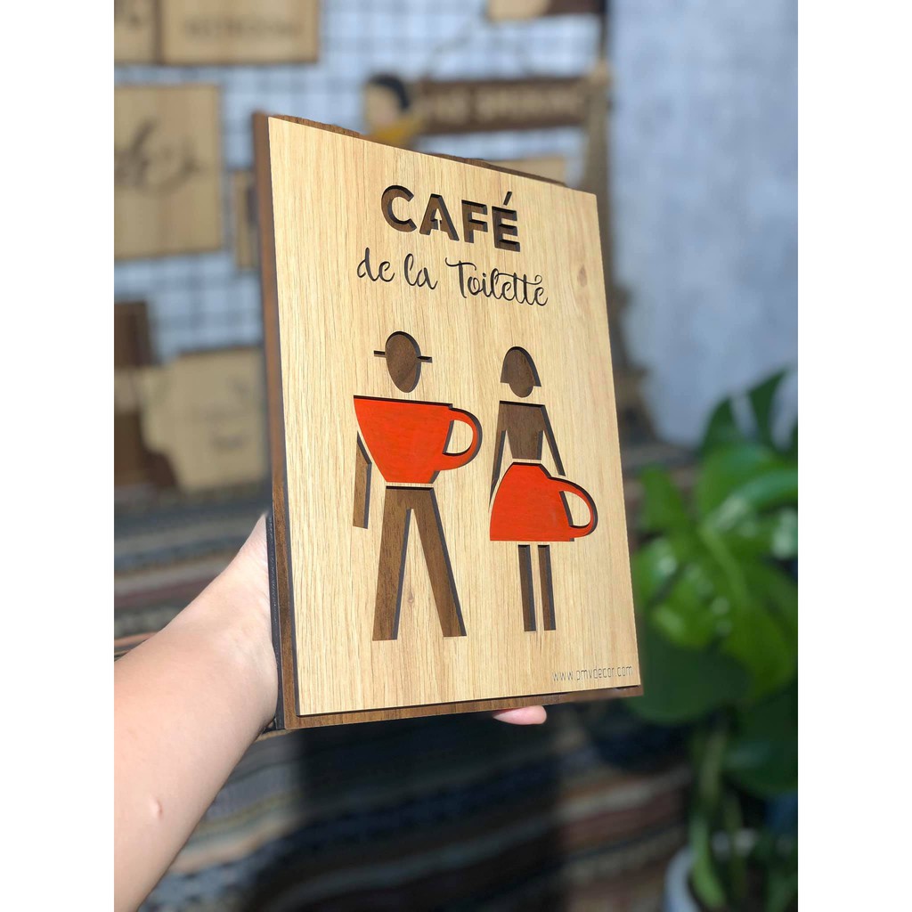 Biển, bảng gỗ treo nhà vệ sinh quán cafe, Gỗ 2 màu tương phản. BWC-PMV11