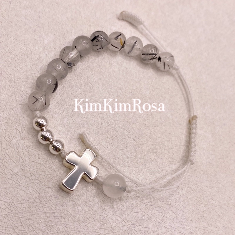 Chuỗi hạt đá tóc đen 6mm vòng đeo tay Mân Côi Công Giáo Thánh Giá Chúa bạc S925 lắc tay Rosary bracelet sterling silver