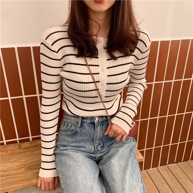 Áo Sweater Cổ Tròn Dáng Ôm Kẻ Sọc Kiểu Hàn Quốc Thời Trang Cho Nữ