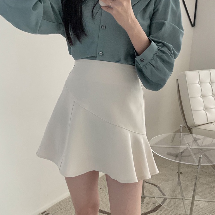Áo sơ mi tay dài cổ bẻ phối bèo/ chân váy chữ A lưng cao phong cách mới 46910