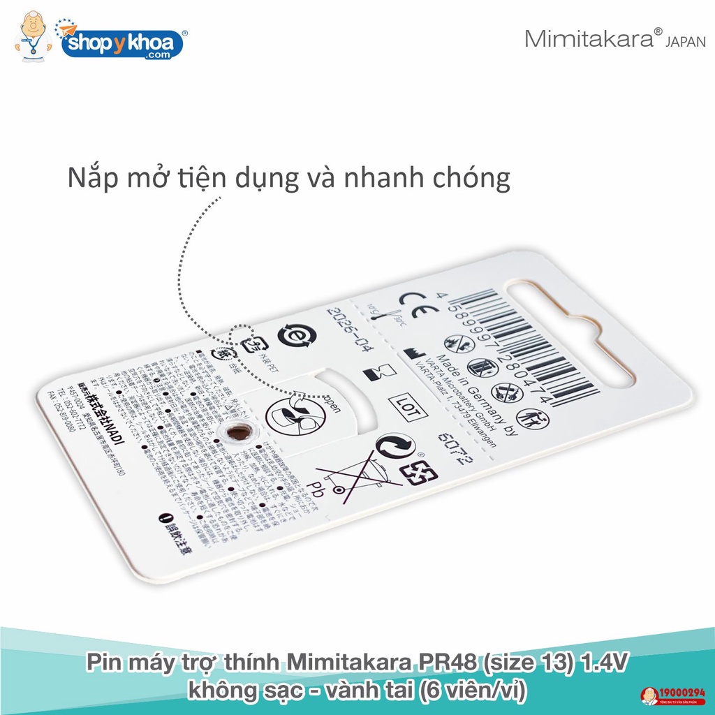 Pin Máy Trợ Thính Mimitakara, Size 13, 1.4V, Không Sạc, Vành Tai
