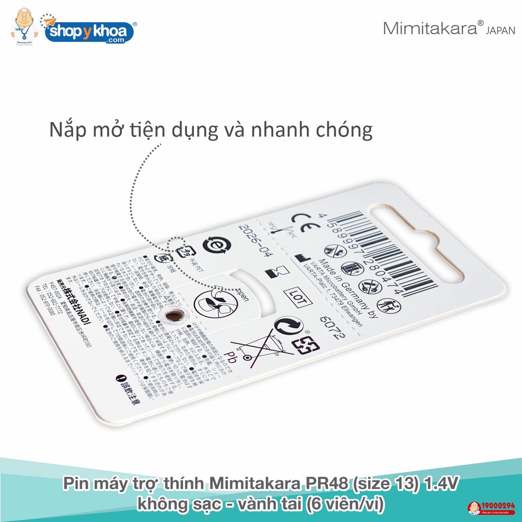 Pin Máy Trợ Thính Mimitakara, Size 13, 1.4V, Không Sạc, Vành Tai [PR48] (6 Viên/Vỉ)