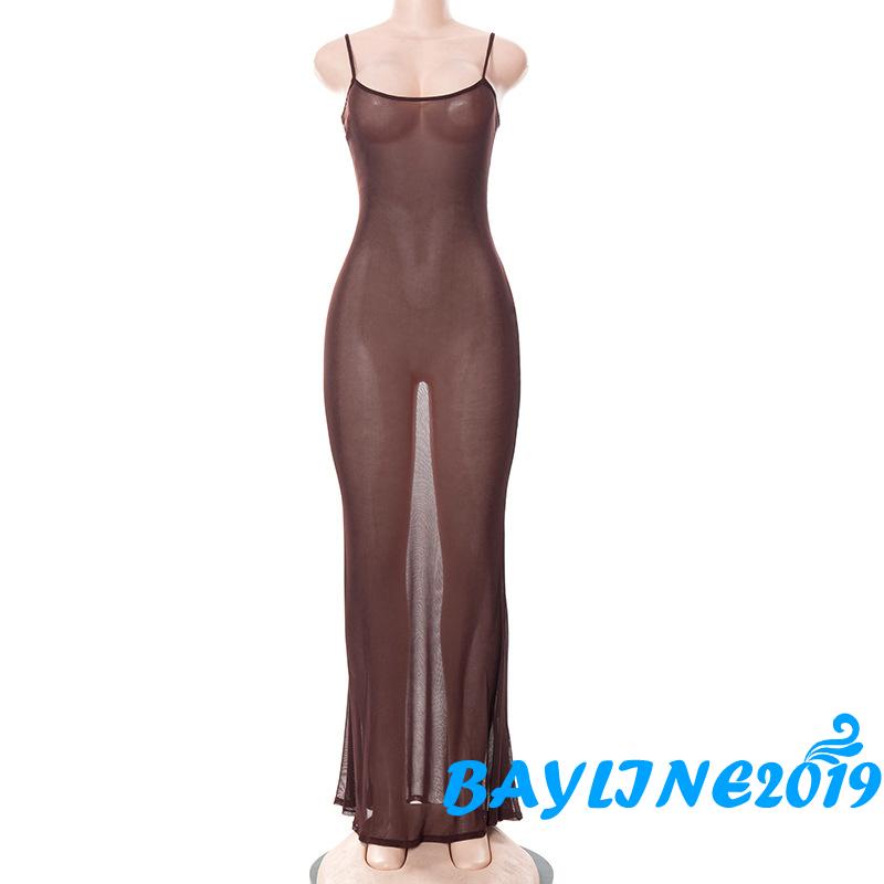 Bay-Women’s Casual Suspender Long Dress Fashion Perspective Mesh Yarn Backless Skinny Dress