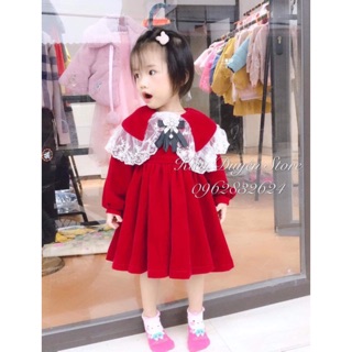 Váy nhung đỏ viền ren sang chảnh cho bé gái