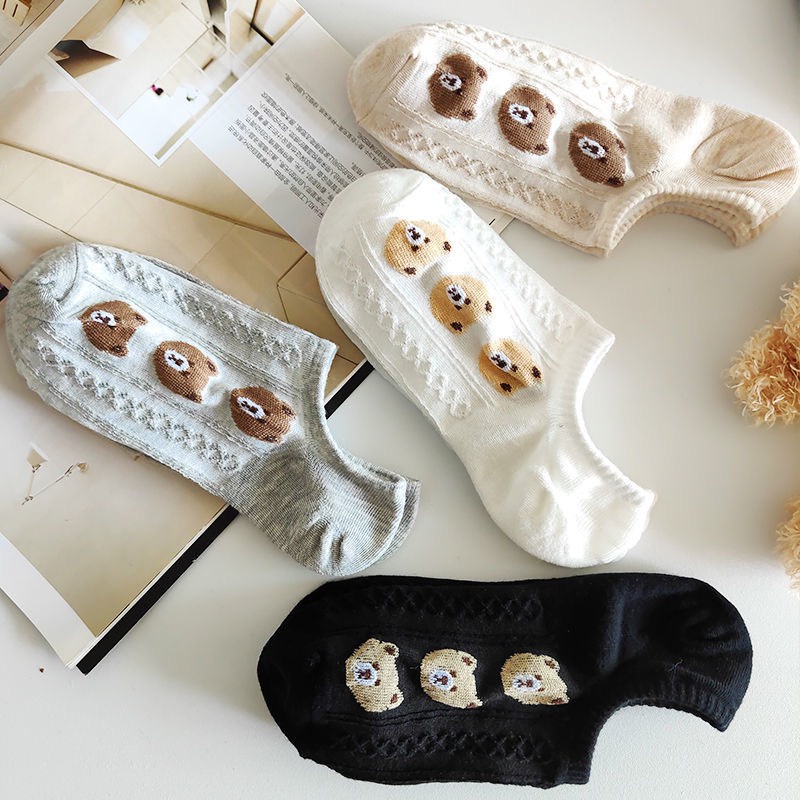 Tất Vớ Lười Nữ Cổ Thấp Thêu Hình Đầu Gấu Bông vải dày dặn mềm mại, cotton thấm hút