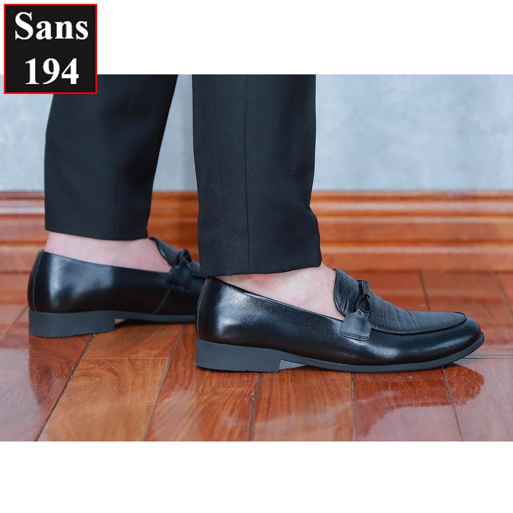 Giày lười nam da bò thật Sans194 moca penny loafer đen đẹp cao cấp giầy mọi công sở hàn quốc đế cao su dầy dập vân