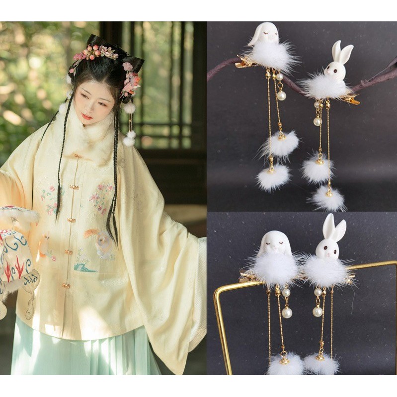 Kẹp tóc thỏ lông cute dễ thương , kẹp tóc lông hán phục cổ trang .