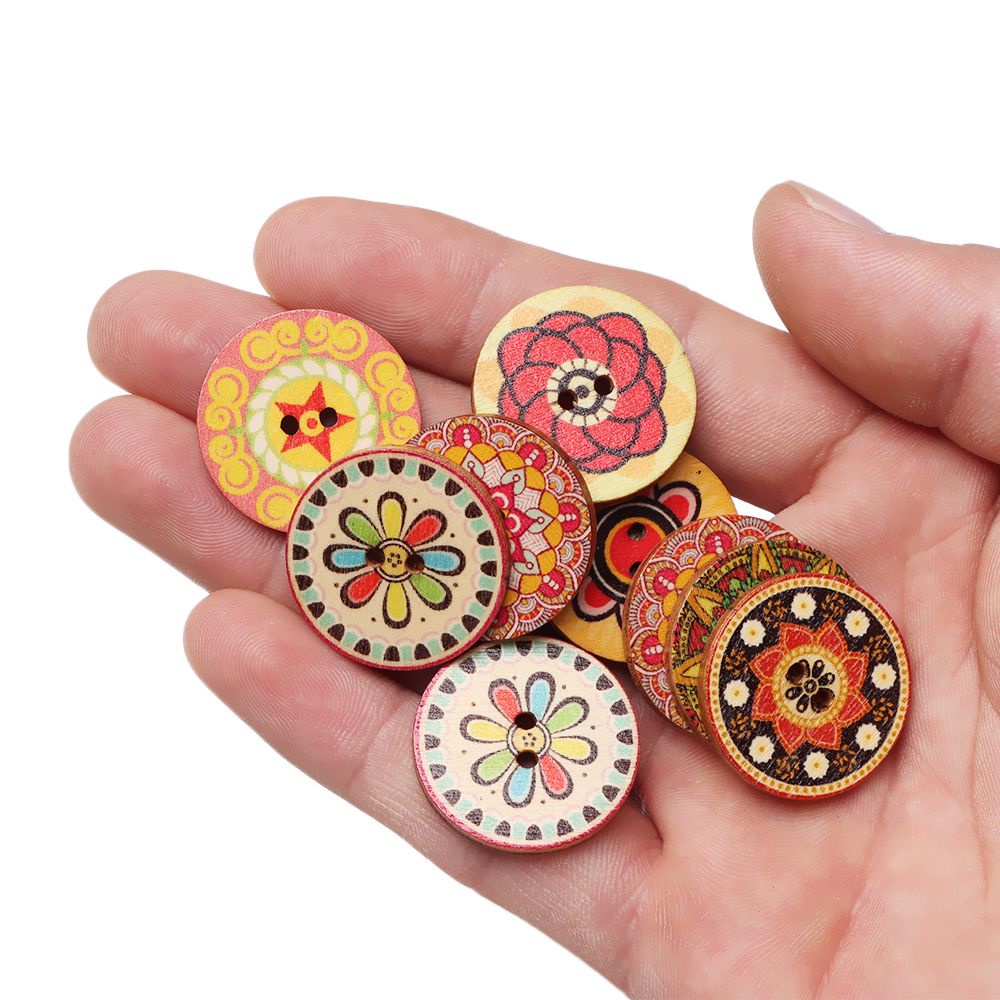 Nút Gỗ Hình Tròn 15mm/20mm/25mm In Họa Tiết Hoa Phong Cách Retro Dùng Làm Đồ Thủ Công DIY