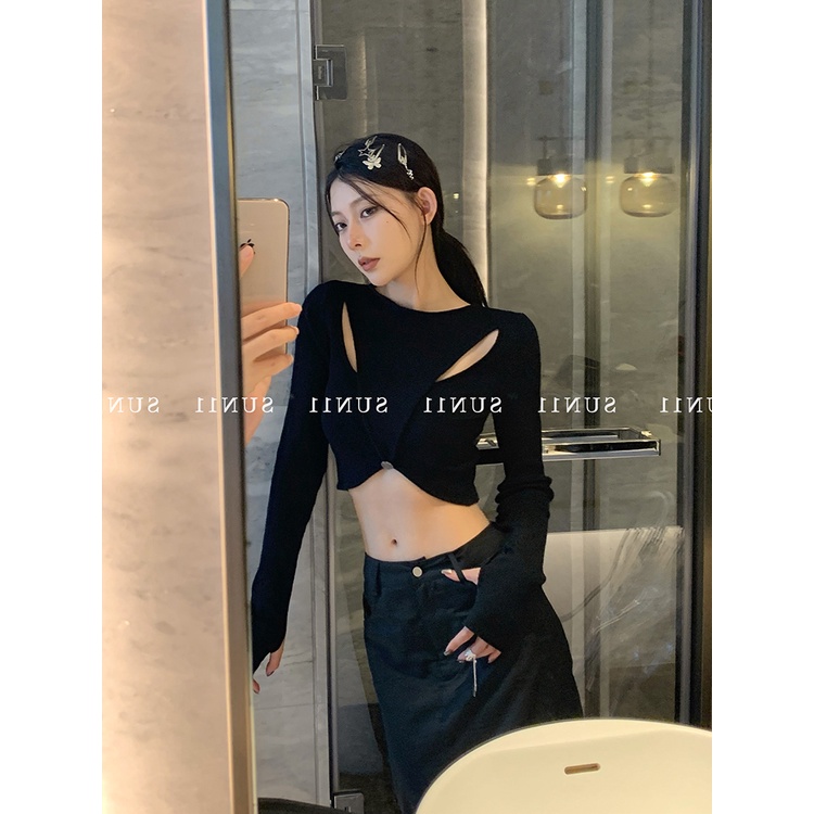 Áo Thun Tay Dài Cổ Tròn Dáng Ngắn Thời Trang Hàn Quốc