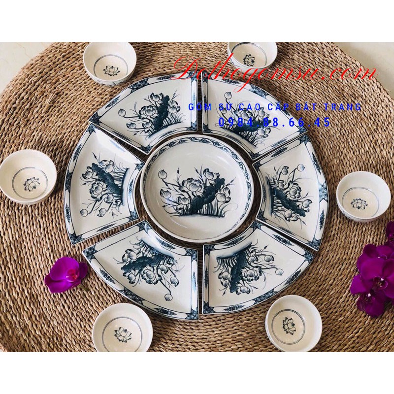 Bộ đồ ăn Bát Tràng dáng mặt trời, vẽ tay các mẫu hoa