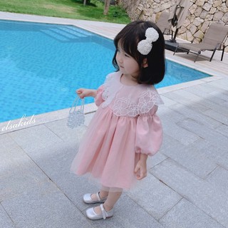 Váy hồng cổ ren hoa mai bé gái