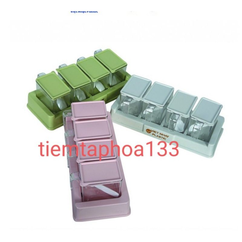 Bộ 4 hộp hũ gia vị nắp bật kèm khay dùng cho nhà bếp