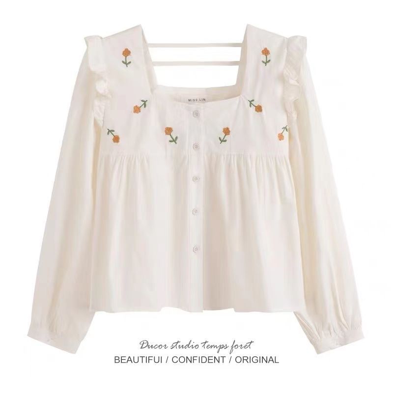 Áo Sơ Mi Ngắn Tay Dài Phồng Thêu Họa Tiết Thời Trang Mới Cho Nữ