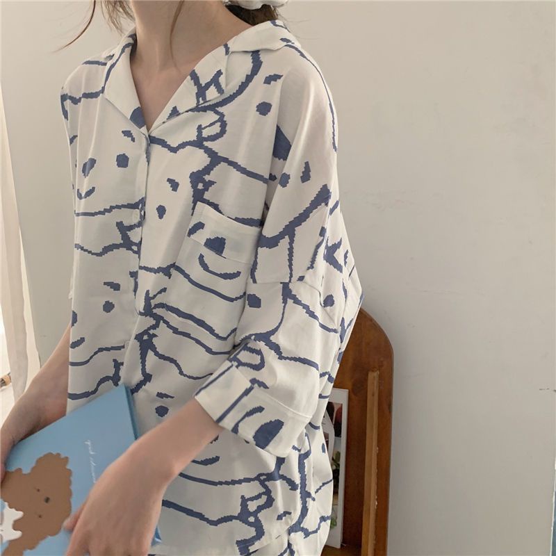 Bộ Ngủ Nữ Cộc Hình Gấu Set Áo Quần Cộc Cúc Cài Họa Tiết In 2 Màu X005 | BigBuy360 - bigbuy360.vn