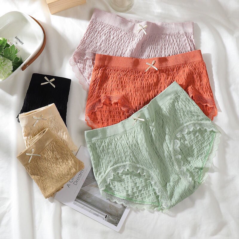 Quần lót nữ cotton nhăn kháng khuẩn co giãn ôm mông phối viền ren 665
