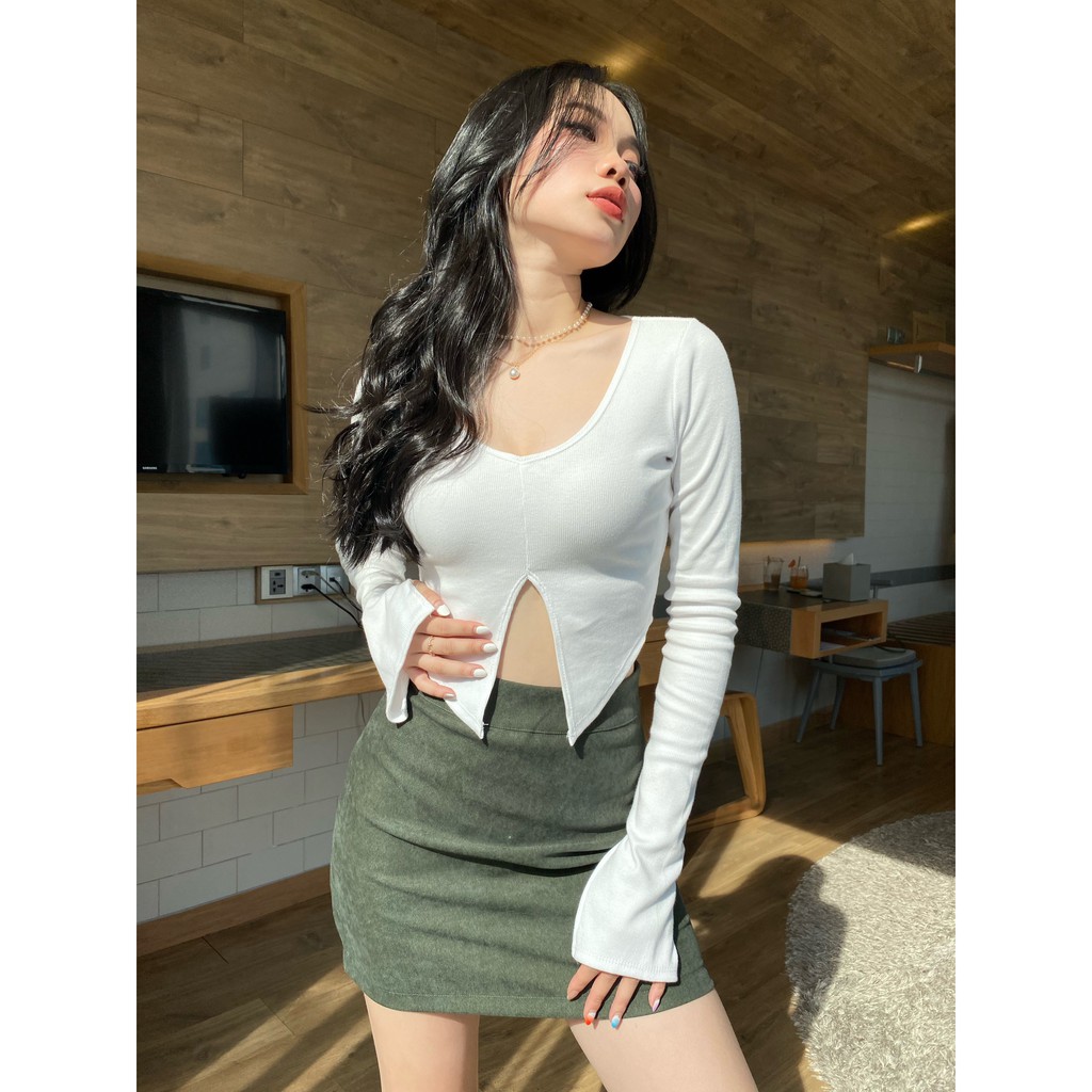 Áo tay dài Rabel, croptop tay dài, thun co giãn, tay dài sẻ siêu xinh