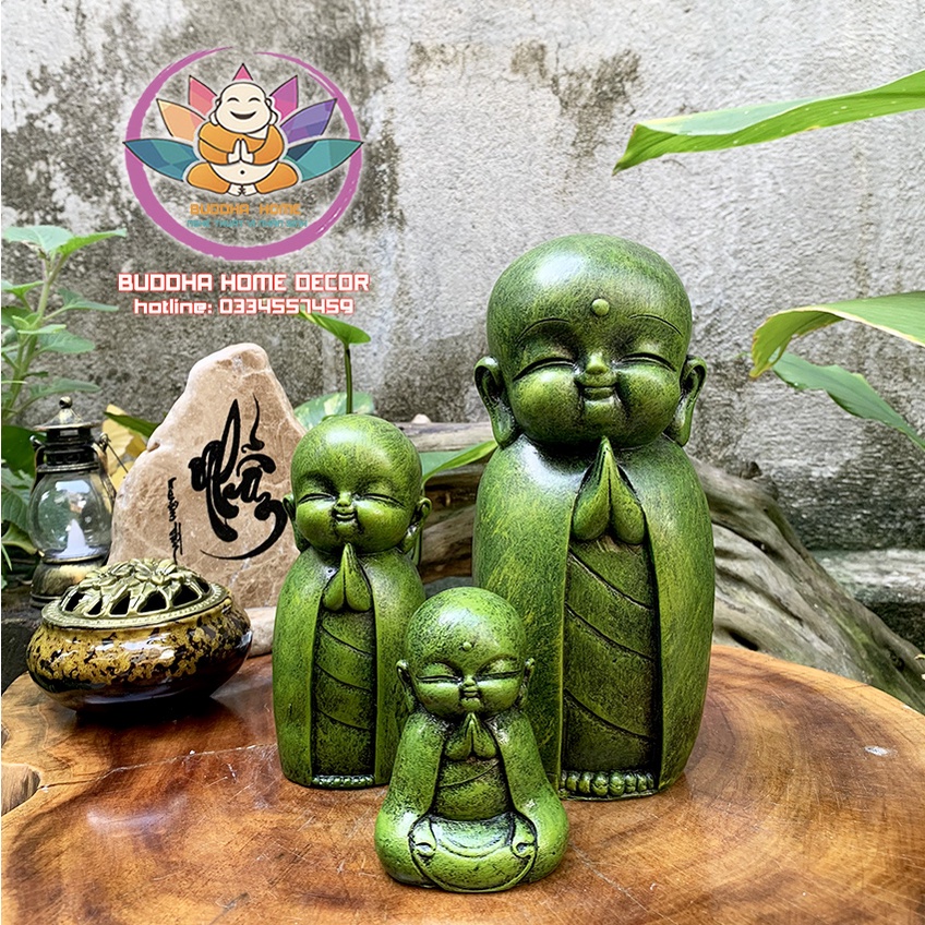 🙏 Chú tiểu dễ thương decor hiện đại 14cm màu xanh rêu độc đáo
