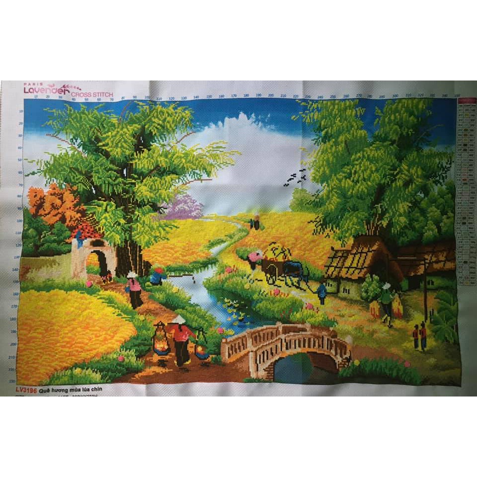 Tranh thêu đồng quê KT:90x63cm,tranh chưa thêu.Tặng kéo và xỏ chỉ.