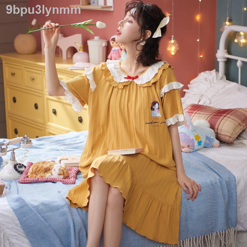 Đồ bộ/ Đồ mặc nhà> Váy ngủ nữ cotton mùa hè ngắn tay dài trên đầu gối kiểu dáng Hàn Quốc rộng rãi size lớn 200 kg đồ phụ