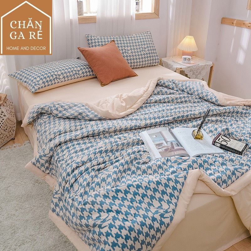 [Hàng nhập] Bộ chăn ga cottong đũi kẻ chăn trần bông freesize (bo chun theo yêu cầu)