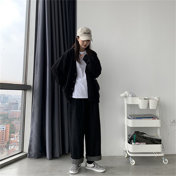 Áo Cardigan Dệt Kim Tay Dài Dáng Rộng Màu Đen Phong Cách Retro Hàn Quốc Cho Nữ | BigBuy360 - bigbuy360.vn