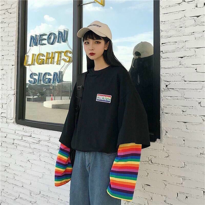 Áo sweater thu đông tay nối kẻ cầu vồng - Unisex nam nữ đều mặc được