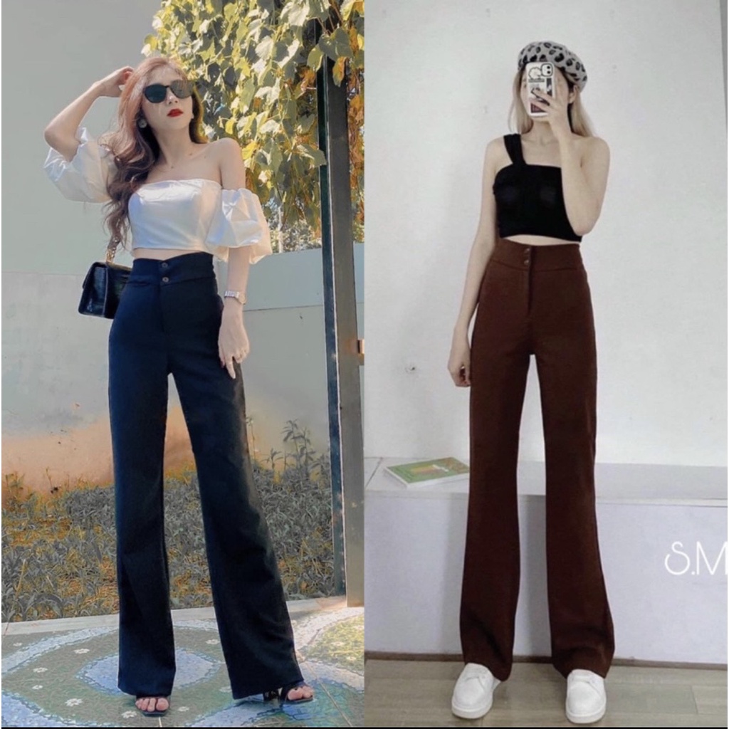 Quần ống loe cạp cao nữ đen dáng dài 2 nút cách điệu cá tính - Quần tây công sở nữ ống vảy loe lưng cao đi học hack dáng