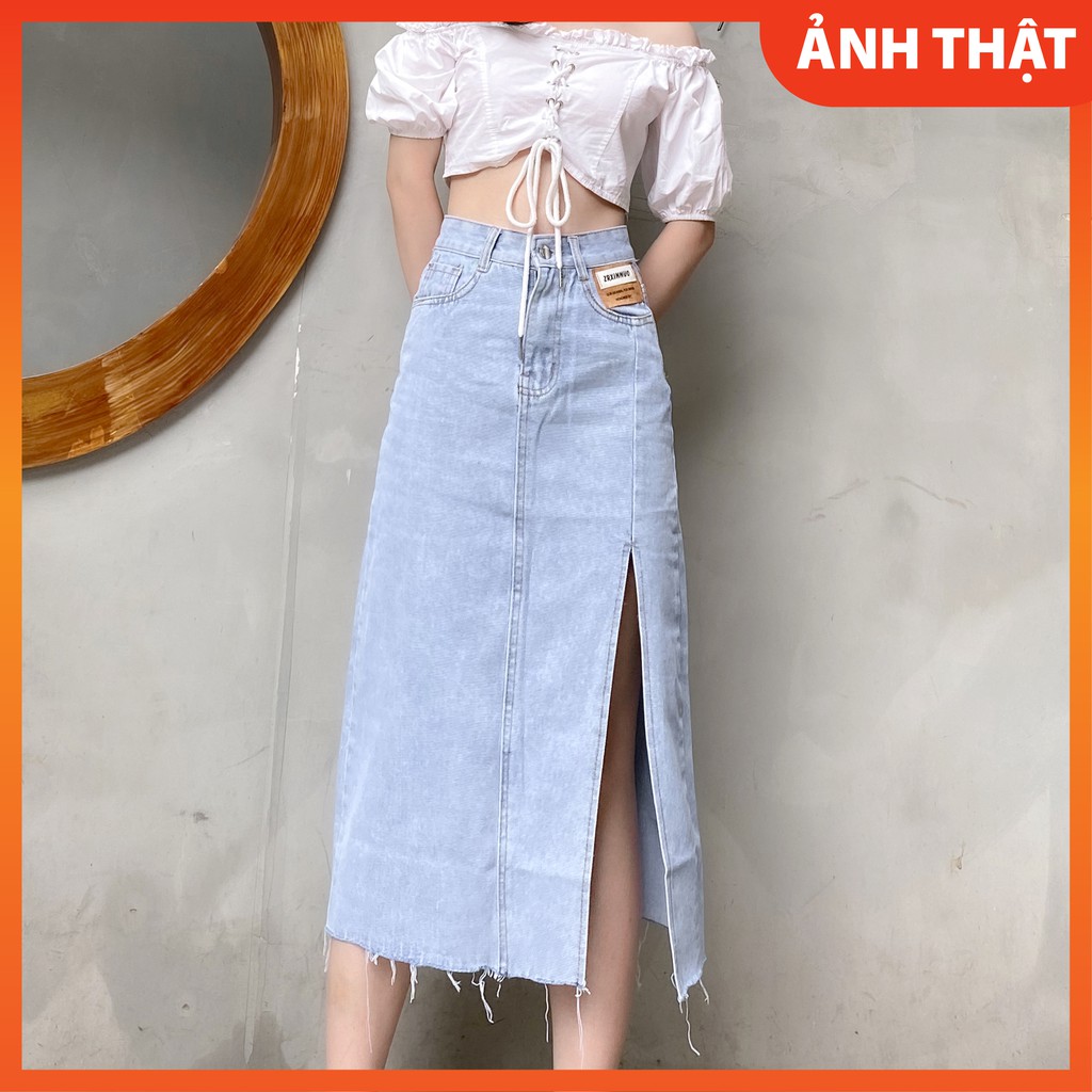 Chân váy Jeans xẻ tà cạp lưng cao chất liệu denim cao cấp Omeily | BigBuy360 - bigbuy360.vn