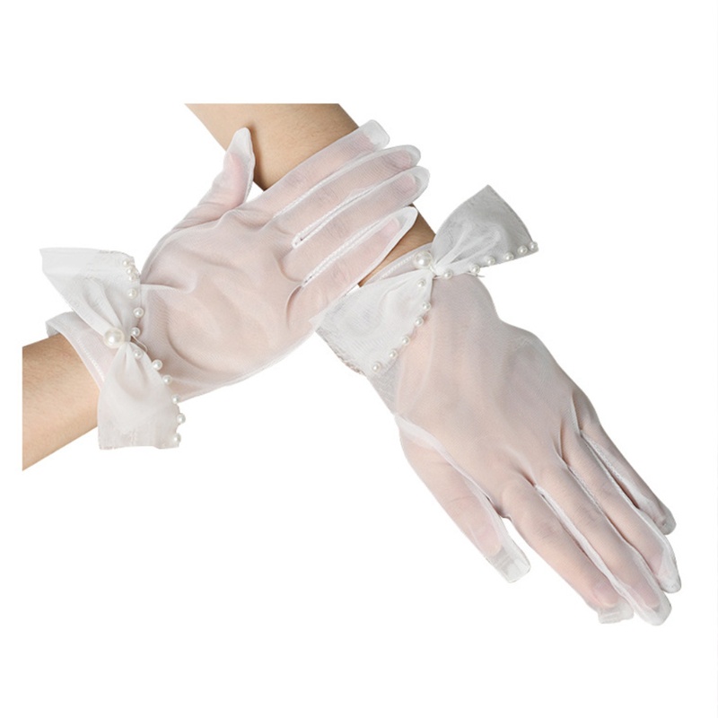 Găng Tay Vải Tuyn Đính Nơ Toàn Bộ Ngón Tay Cho Cô Dâu