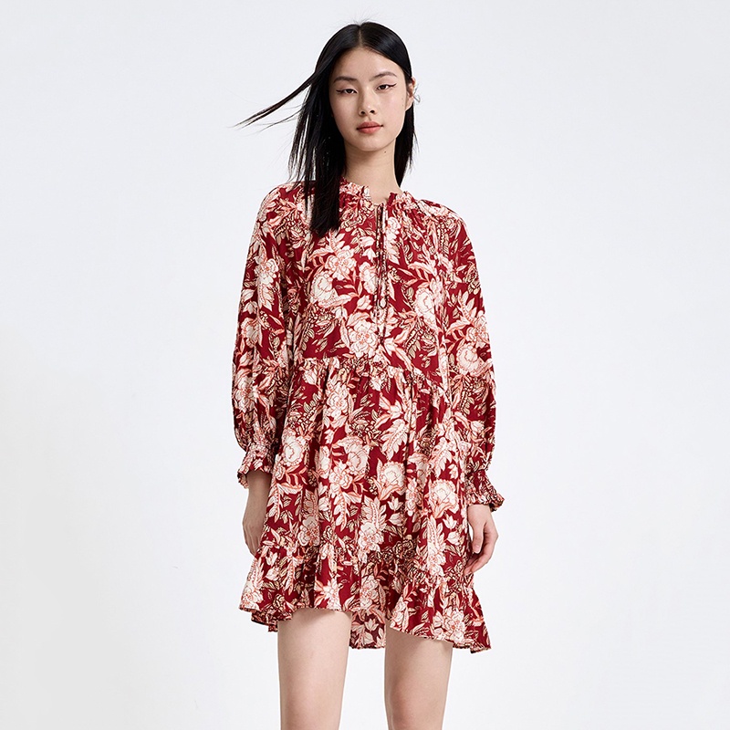 Đầm Zara hoạ tiết hoa đỏ trầm dáng xoè xinh xắn DH3BBG50N9