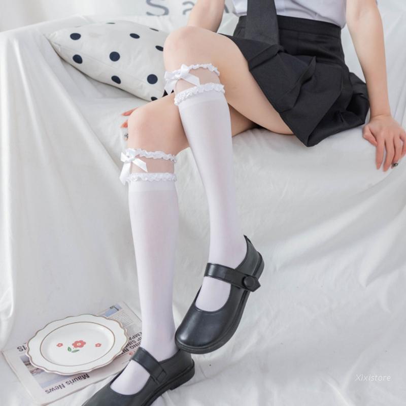Vớ lưới cao đến đầu gối đàn hồi phối bèo nhún ren nơ phong cách công chúa lolita xinh xắn quyến rũ dành cho nữ