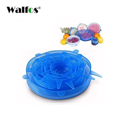 6 Nắp đậy thực phẩm giữ tươi WALFOS bằng silicon đàn hồi cấp thực phẩm có thể tái sử dụng 5 màu tùy chọn