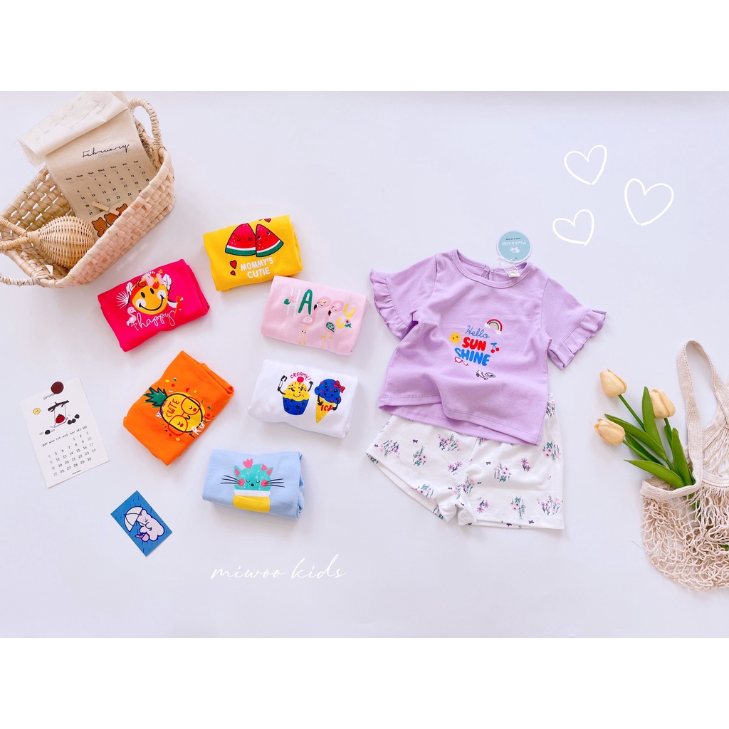 Miwoo Kids - Bộ cộc tay bèo chất cotton họa tiết dễ thương cho bé gái