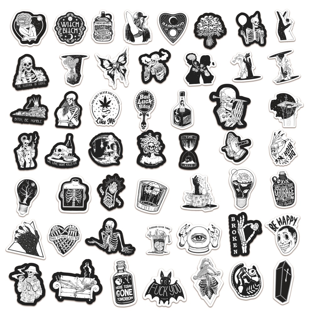 Bộ 100 Cái ❉ Cổ Điển Đen Trắng. Miếng Dán Trang Trí Hình Đầu Lâu Và Quái Vật Kiểu Punk Cá Tính ❉ Miếng Dán Decal Vẽ Nguệch Ngoạc Thời Trang