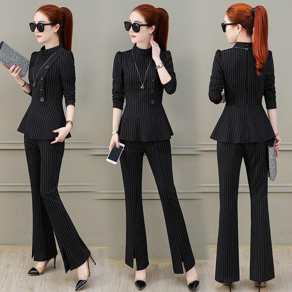 Set áo khoác công sở kẻ sọc và quần ống rộng thời trang cho nữ