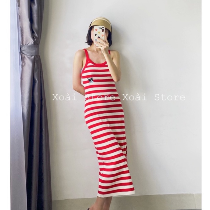 Váy hai dây ôm body kẻ sọc màu đỏ trắng