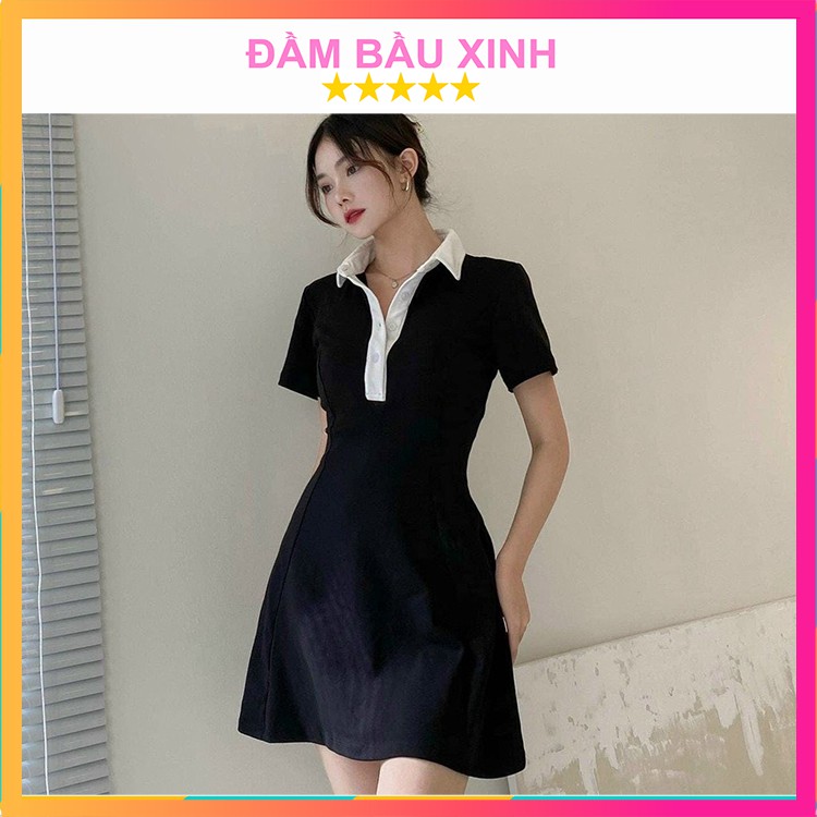 Đầm Polo Dáng Ôm Màu Đen Phối Cổ Trắng Váy Polo Ngắn Tay Dự Tiệc Đi Chơi