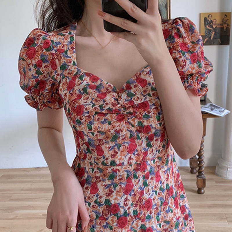 Brroa Đầm Xòe Mini Cổ Vuông Tay Ngắn Phồng In Hoa Kiểu Vintage Pháp Thời Trang Mùa Hè Cho Nữ