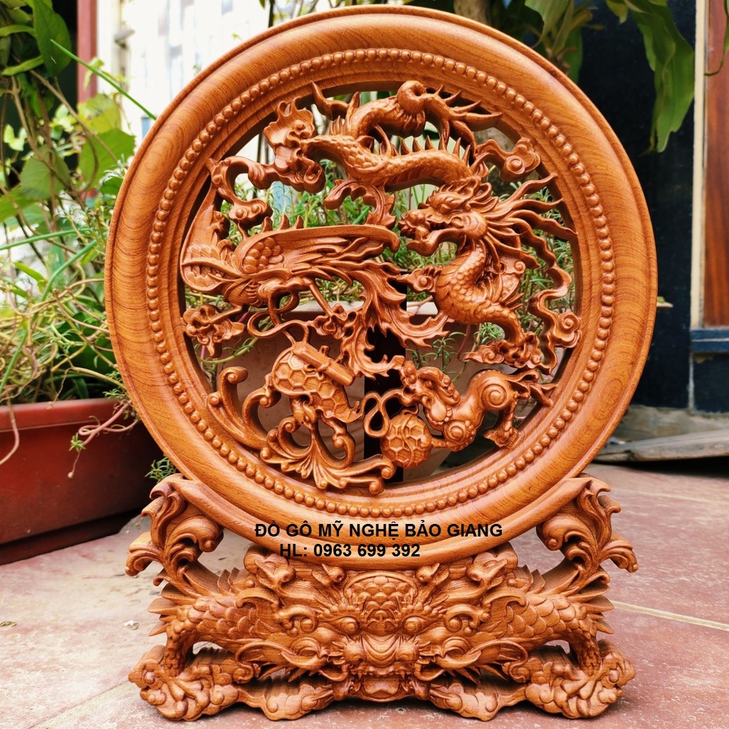 Đĩa trang trí phong thủy khắc Tứ Linh gỗ hương