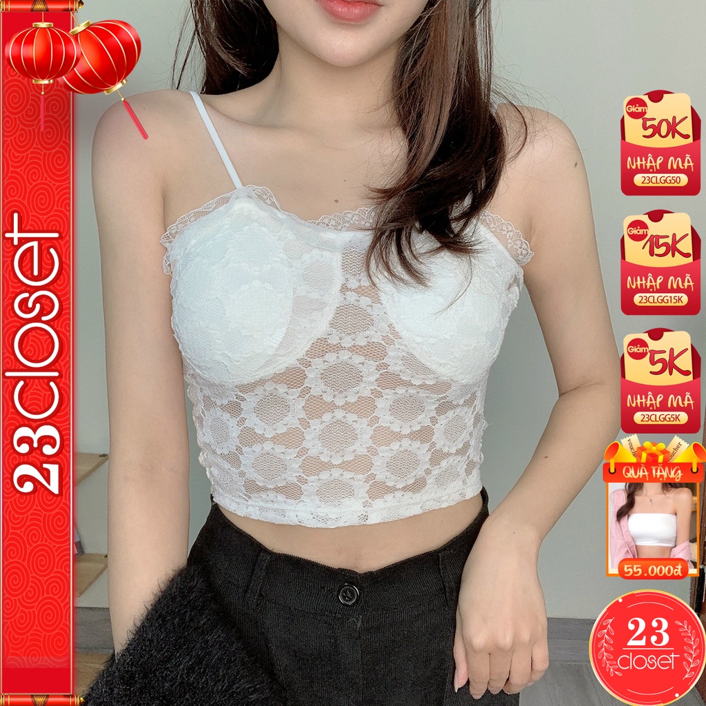 Áo hai dây nữ 23Closet áo 2 dây croptop nữ sợi bún có đệm ngực chất liệu ren  cao cấp kiểu dáng Hàn Quốc AHDR01