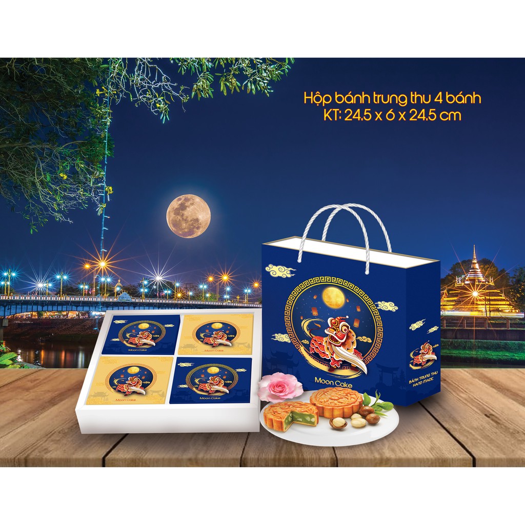 Vỏ hộp trung thu 4 bánh Bộ gồm: Vỏ hộp (Có quai xách) + khay + 4 hộp con