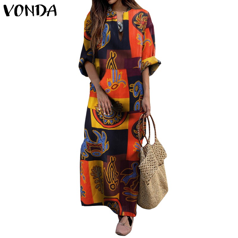 Đầm VONDA tay dài form rộng in họa tiết phong cách bohemian sành điệu cho nữ