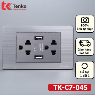 Ổ Cắm Điện Đôi 3 Chấu Có 2 Cổng USB Sạc Nhanh 5V - Bo Viền Màu Xám Âm Tường Mặt Hợp Kim Tenko TK-C7-045