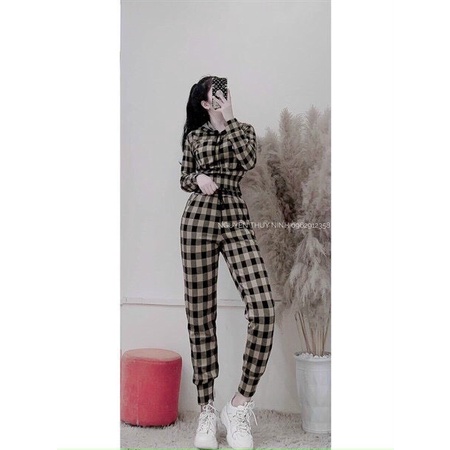 Sét bộ kẻ dài áo có mũ dáng croptop quần chun vải co giãn dành cho các nàng đi thể dục đi dạo phố 2 màu thời trang
