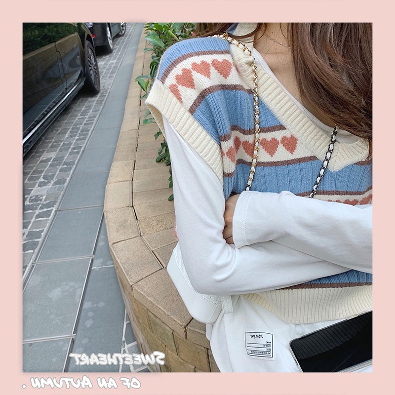 Áo Gile | Gile Len Cổ V Màu Pastel Chất Len Mịn Ulzzang Họa Tiết Trái Tim, Hàng Xinh Quảng Châu | BigBuy360 - bigbuy360.vn