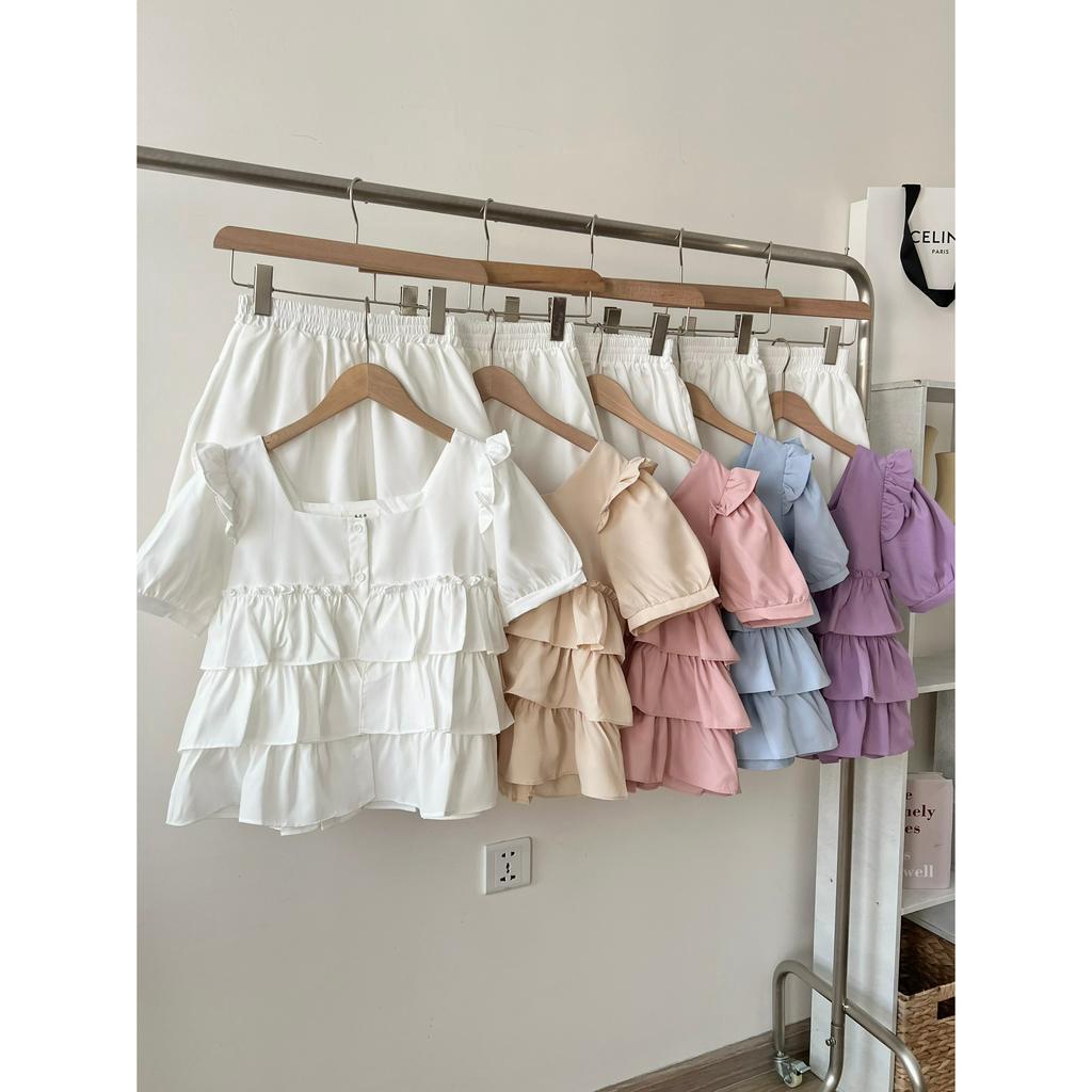 Áo sơ mi cổ vuông chất thô mát bèo tầng, áo kiểu babydoll xinh